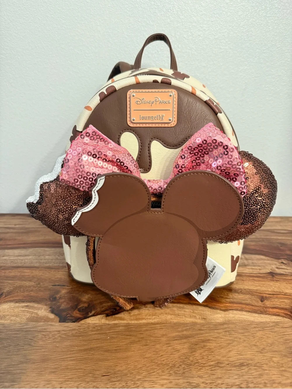 Loungefly Brown Cream Chocolate Drip Mini Backpack with Pink Sequin Bow Ears